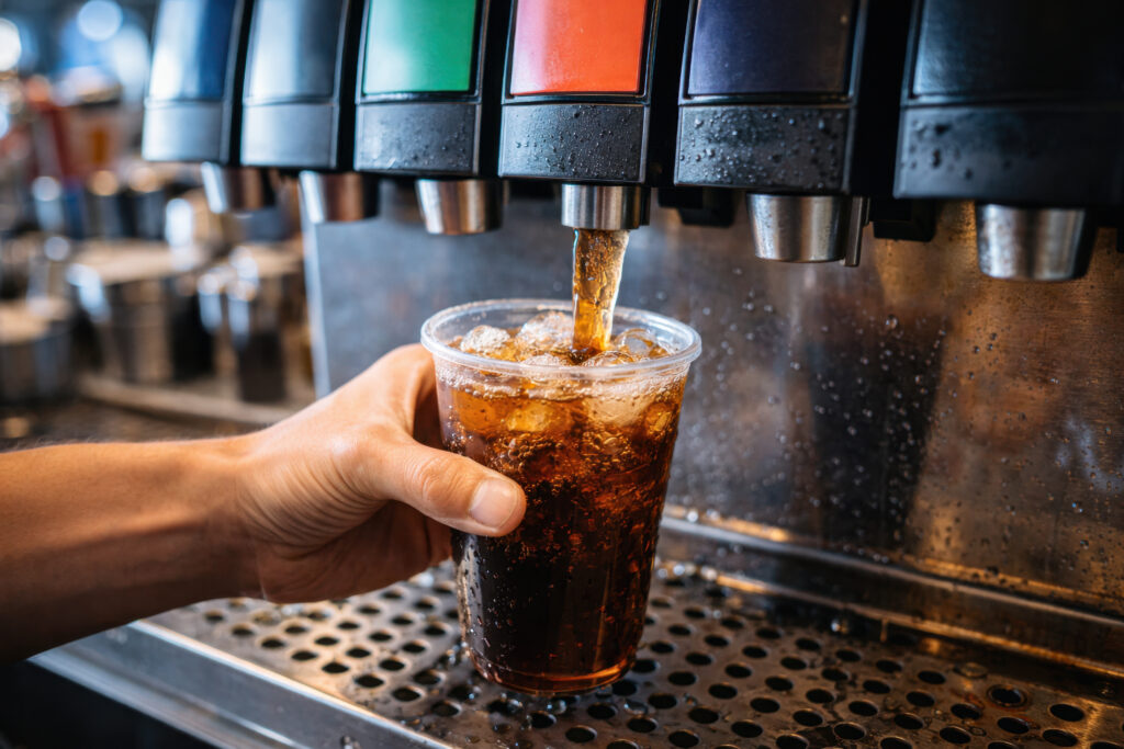 Carbonated soft drink pouring from a soda fountain 
